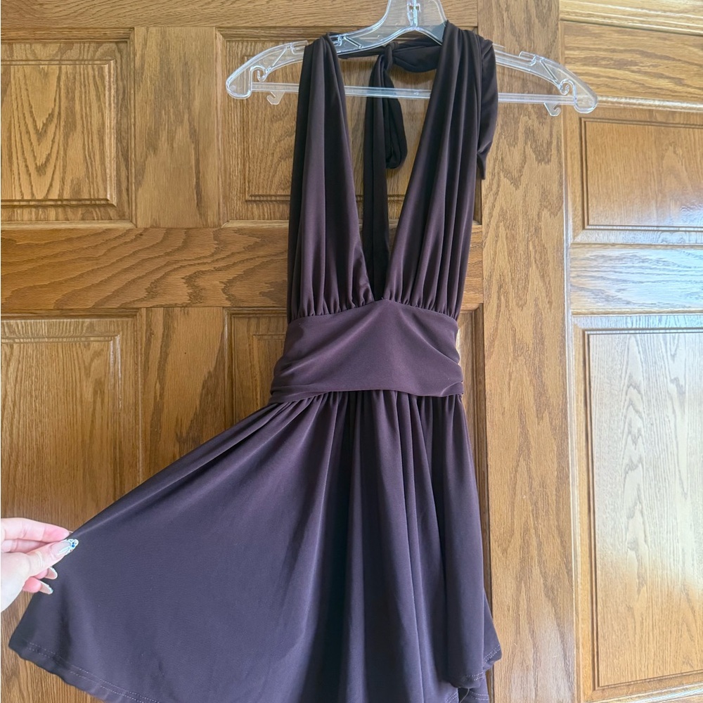 Windsor Chocolate Brown One-Shoulder Halter Dress